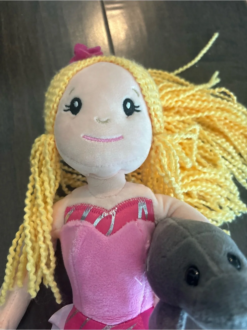 Pink Mermaid Plush Stuffed Doll with Yellow Yarn Hair